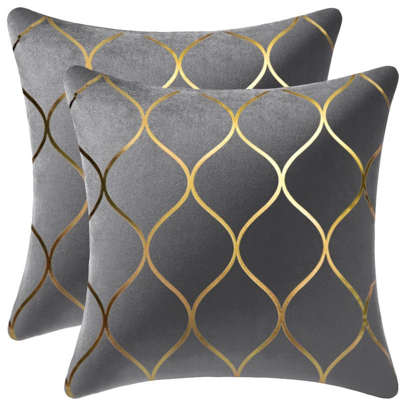 DEZENE Gold Velvet Throw Pillow Covers: 2 Pack 20x20 Inch Square Decorative Pillow Cases for Bedroom Sofa Couch Living Room, Light Grey - Image 1